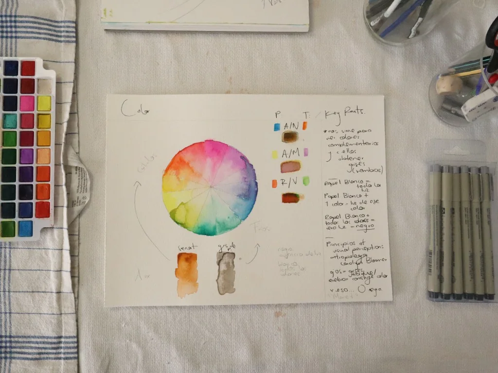 Círculo cromático y estudio de sombras con Gris de Payne y Tierra de Siena en el taller de arte Épale