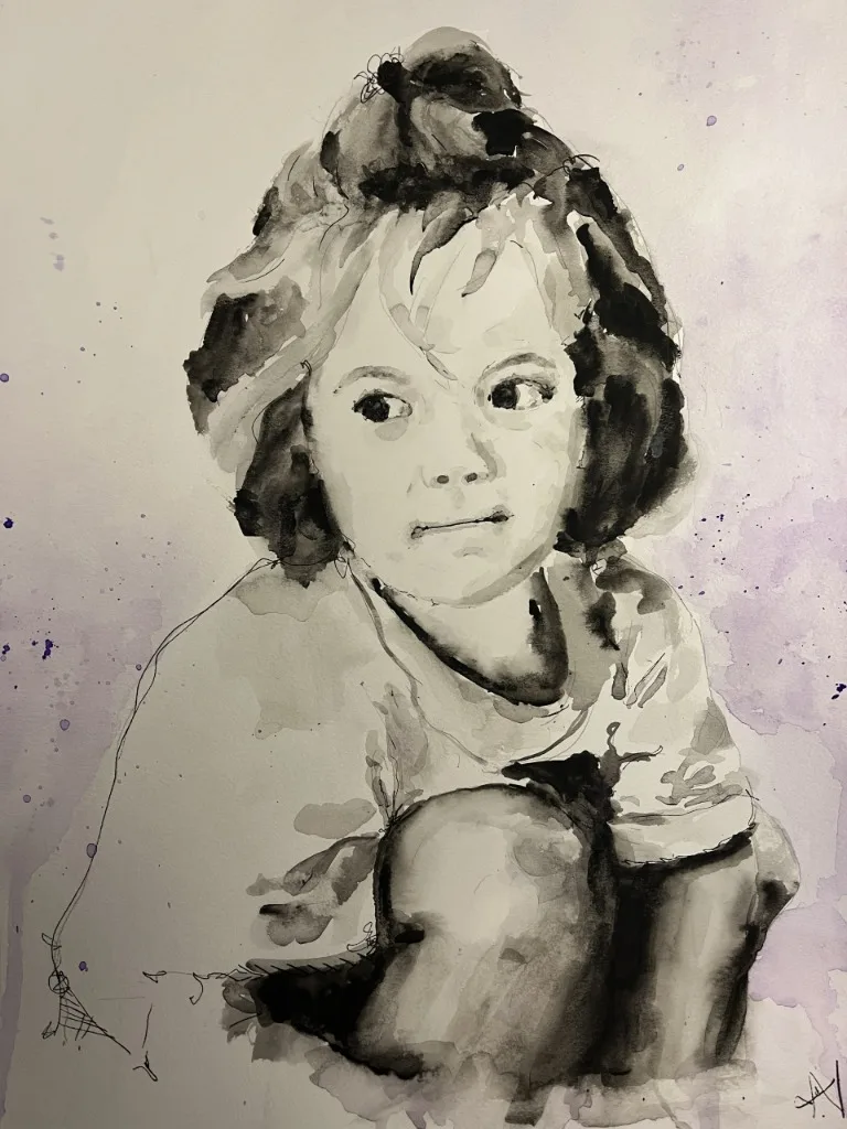 Retrato en acuarela infantil pintado a mano en el taller de arte Épale Valencia