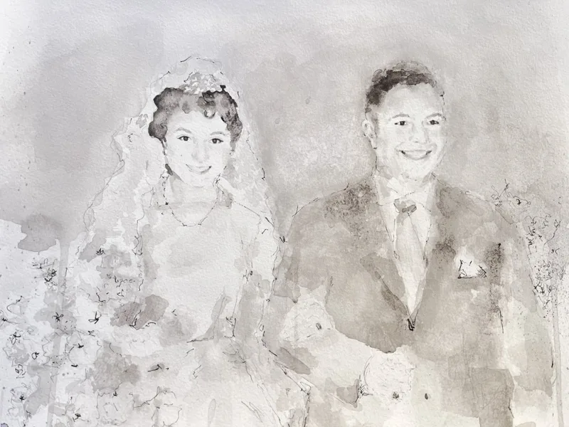 Retrato de boda y novios en acuarela sobre papel de grano fino en Valencia Horta Nord