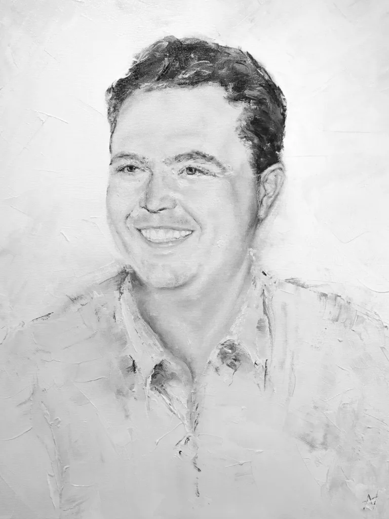 Retrato al óleo sobre lienzo de un hombre sonriendo realizado en Valencia por Ana Valeria Épale Studio