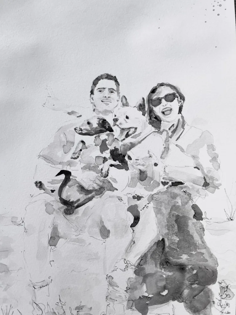 Retrato ilustrado en acuarela de pareja con mascotas por encargo en Valencia
