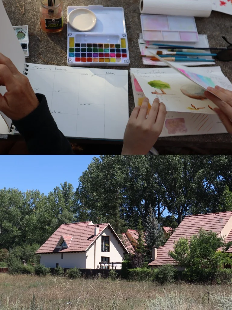 Sesión práctica de pintura al aire libre plein air en el merendero de la Fuenroya en Alcalá de la Selva
